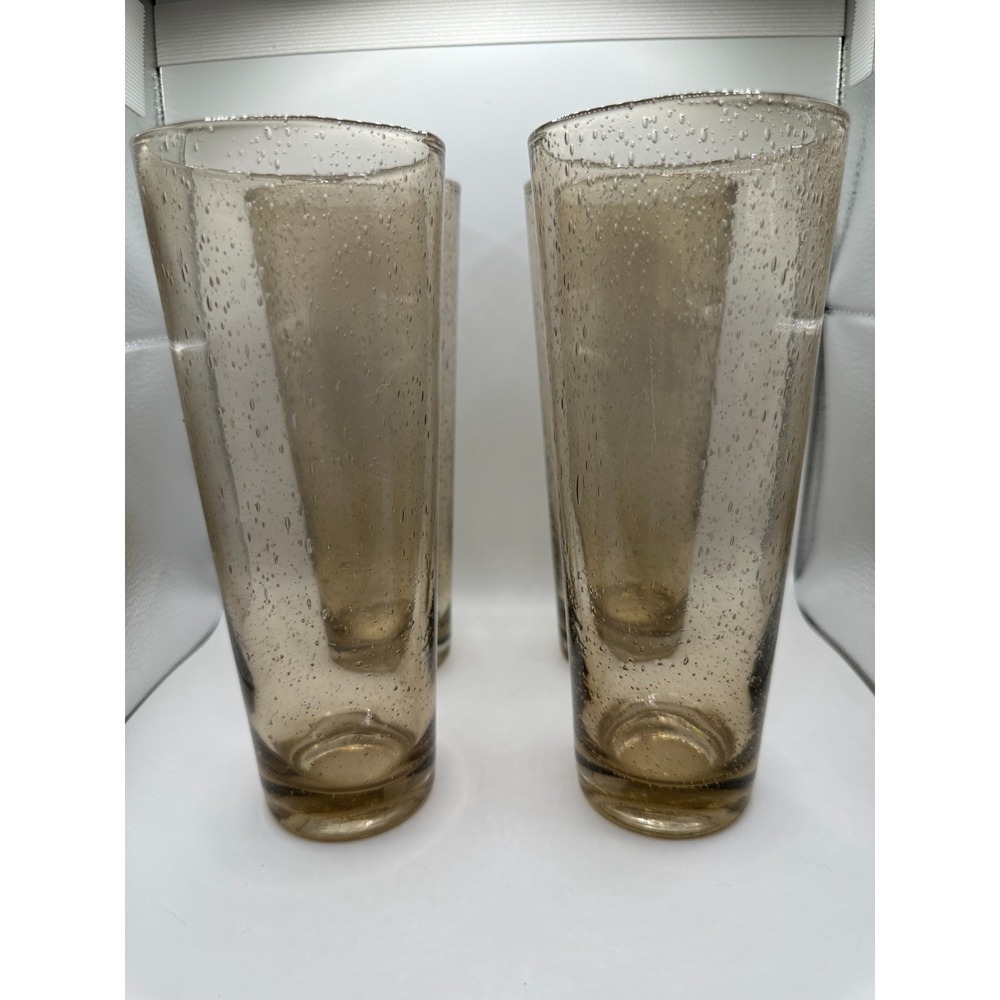 Hand Blown Seeded Amber 8 inch Bar‎ Beer Glasses Set of 4 Excellent Condition